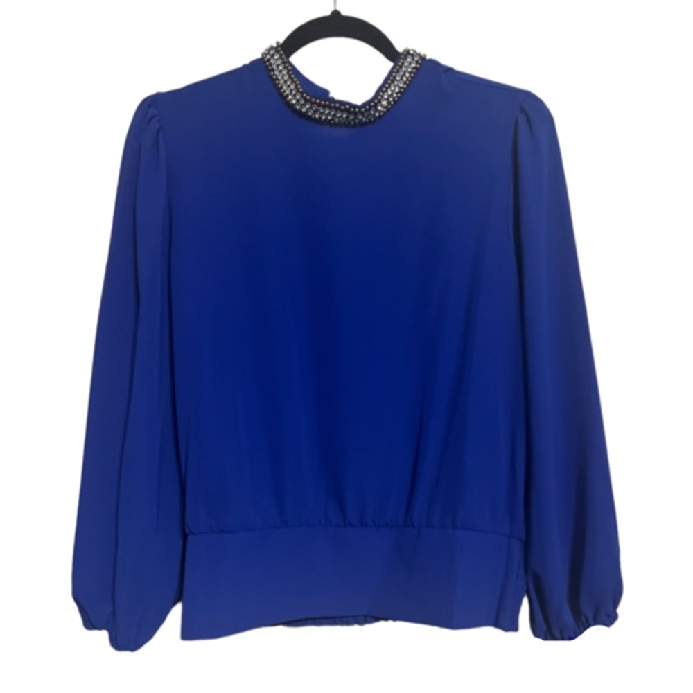 Lily White Royal Blue Long Sleeve Blouse with Neck Decorations L